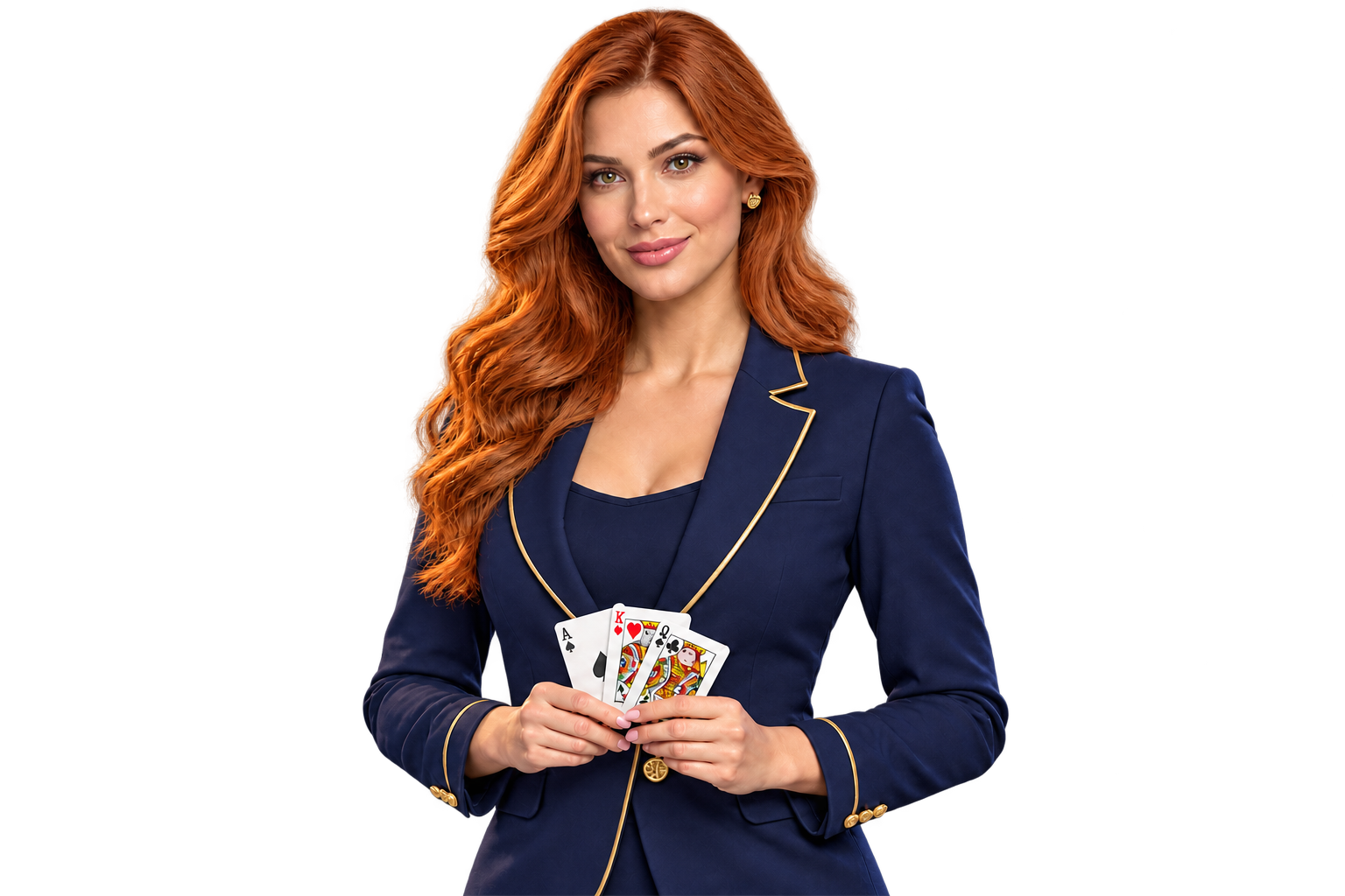 Illustrative red-haired casino presenter in navy and gold holding playing cards