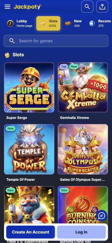 Jackpoty Casino mobile Slots catalogue: brand and menu at the top, category strip, Search for games, and real game covers in two columns