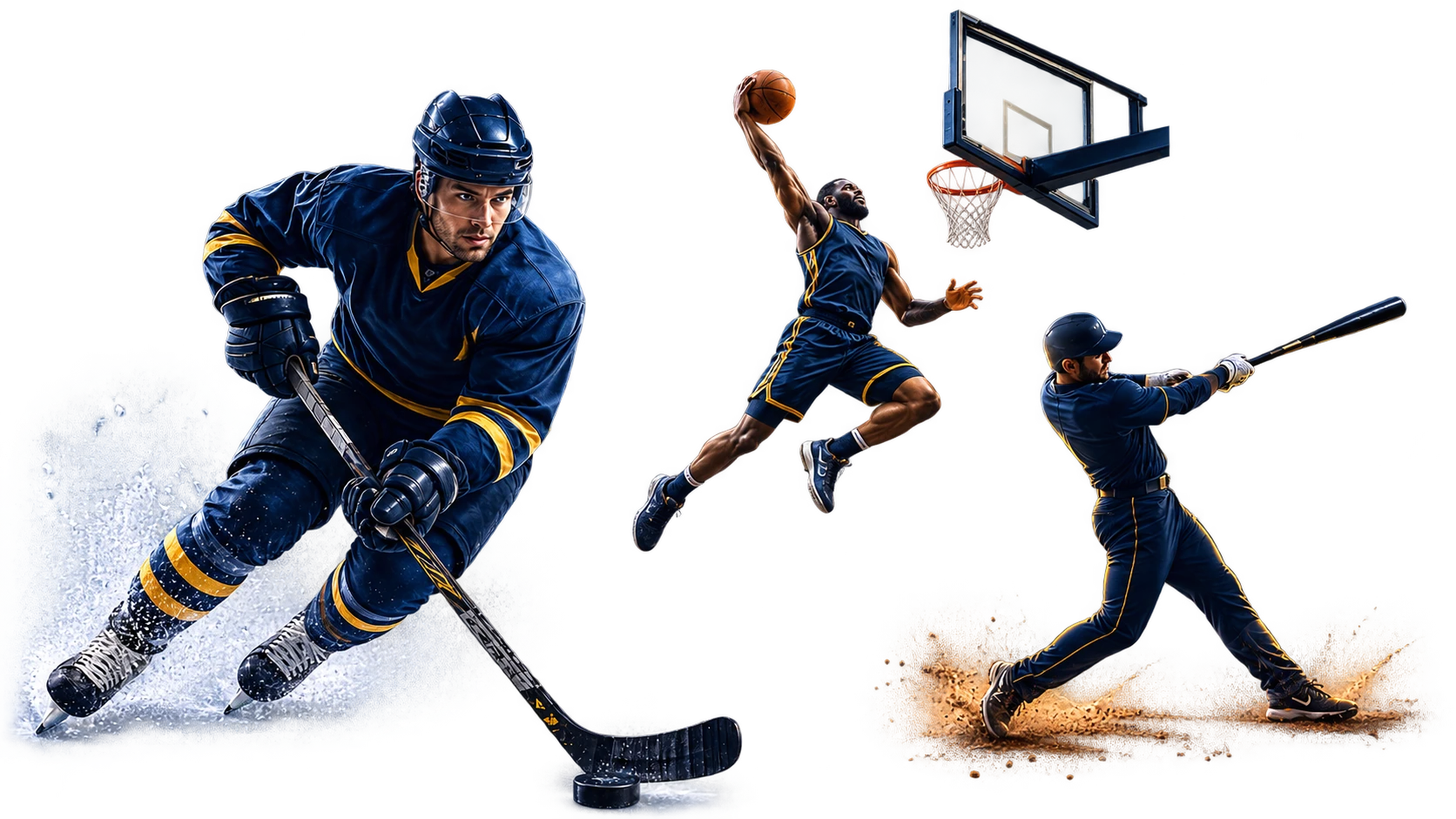 Hockey player, basketball player and baseball batter in action, wearing navy and gold uniforms